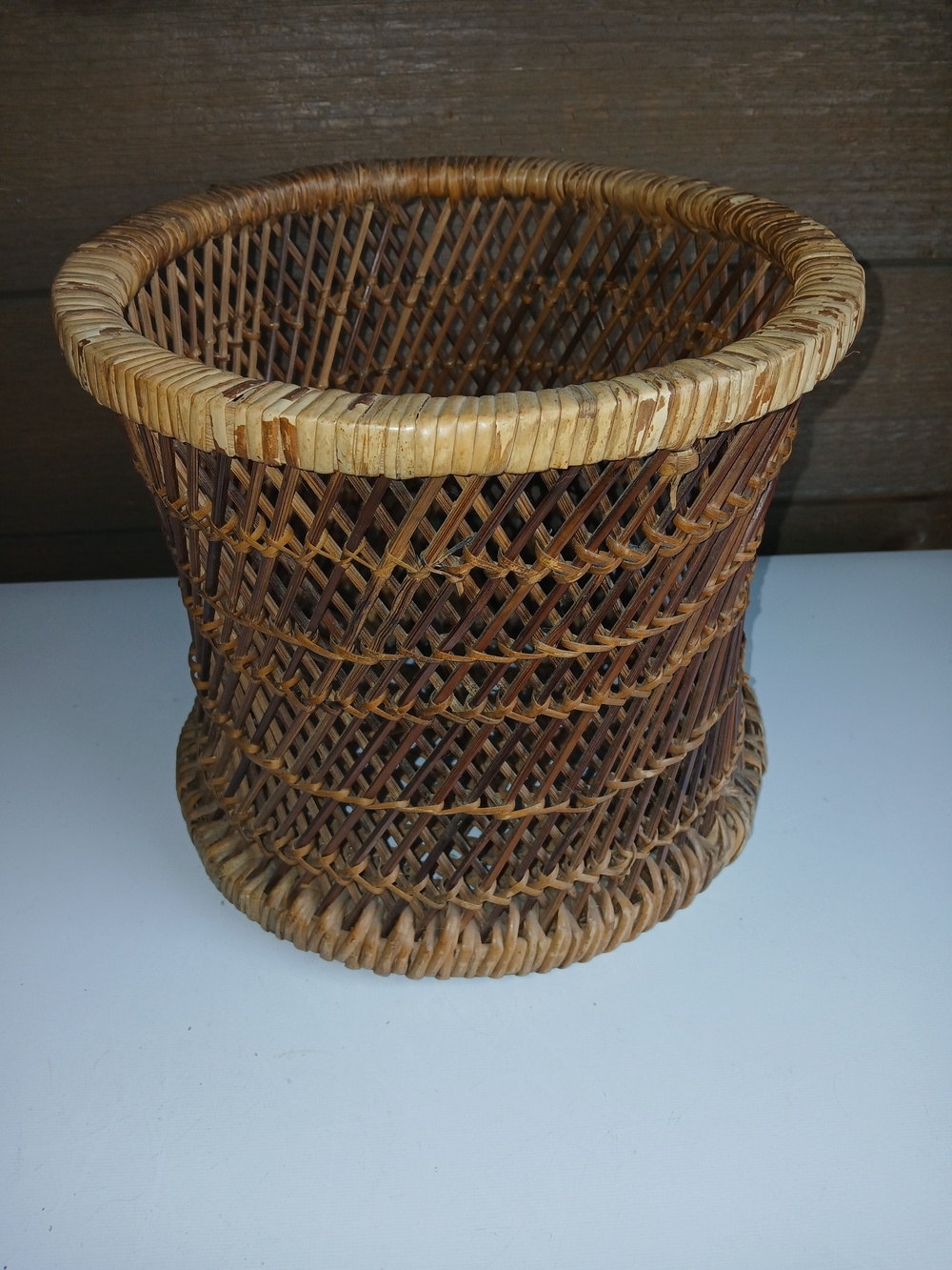 1970s Style Vintage Woven Wicker Rattan Table Plant Holder Stand Trash Can Boho